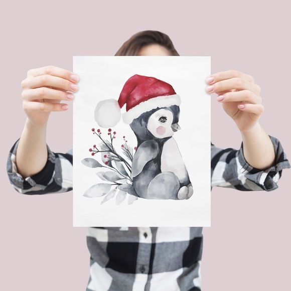 Wall Art Watercolor Christmas Penguin Illustration Print Poster Card Unframed - Picture 3 of 7
